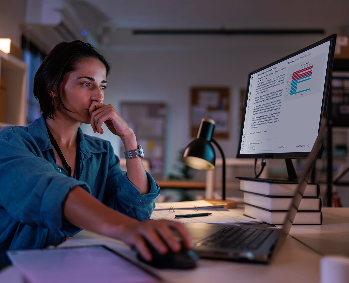 Écran partagé montrant un utilisateur saisissant « tendances technologiques 2025 » dans Perplexity, avec d'un côté un résultat clair, résumé et des graphiques, et de l'autre un « modèle de proposition d'affaires » généré automatiquement.